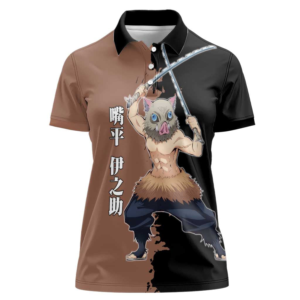 Inosuke Hashibira from Demon Slayer Women Polo Shirt with Boar Mask and Dual Swords Battle Pose - The Mazicc