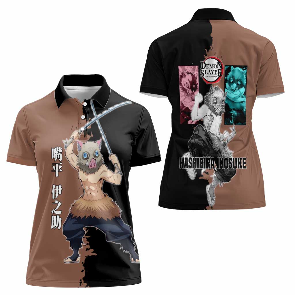 Inosuke Hashibira from Demon Slayer Women Polo Shirt with Boar Mask and Dual Swords Battle Pose - The Mazicc