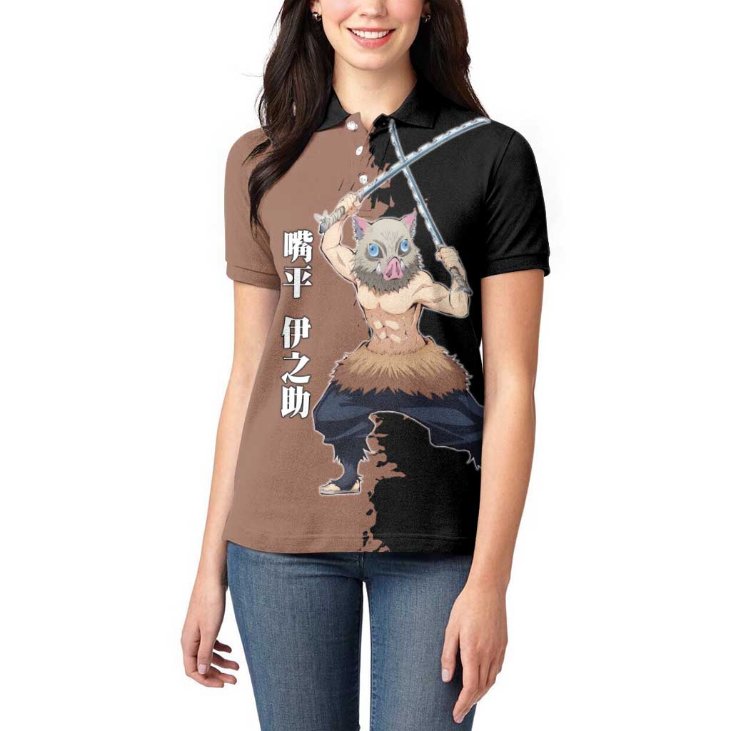 Inosuke Hashibira from Demon Slayer Women Polo Shirt with Boar Mask and Dual Swords Battle Pose - The Mazicc
