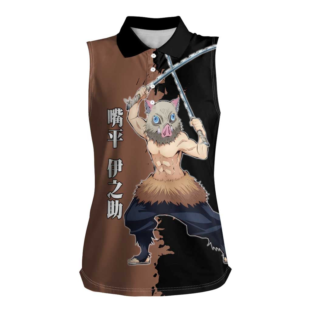 Inosuke Hashibira from Demon Slayer Women Sleeveless Polo Shirt with Boar Mask and Dual Swords Battle Pose - The Mazicc