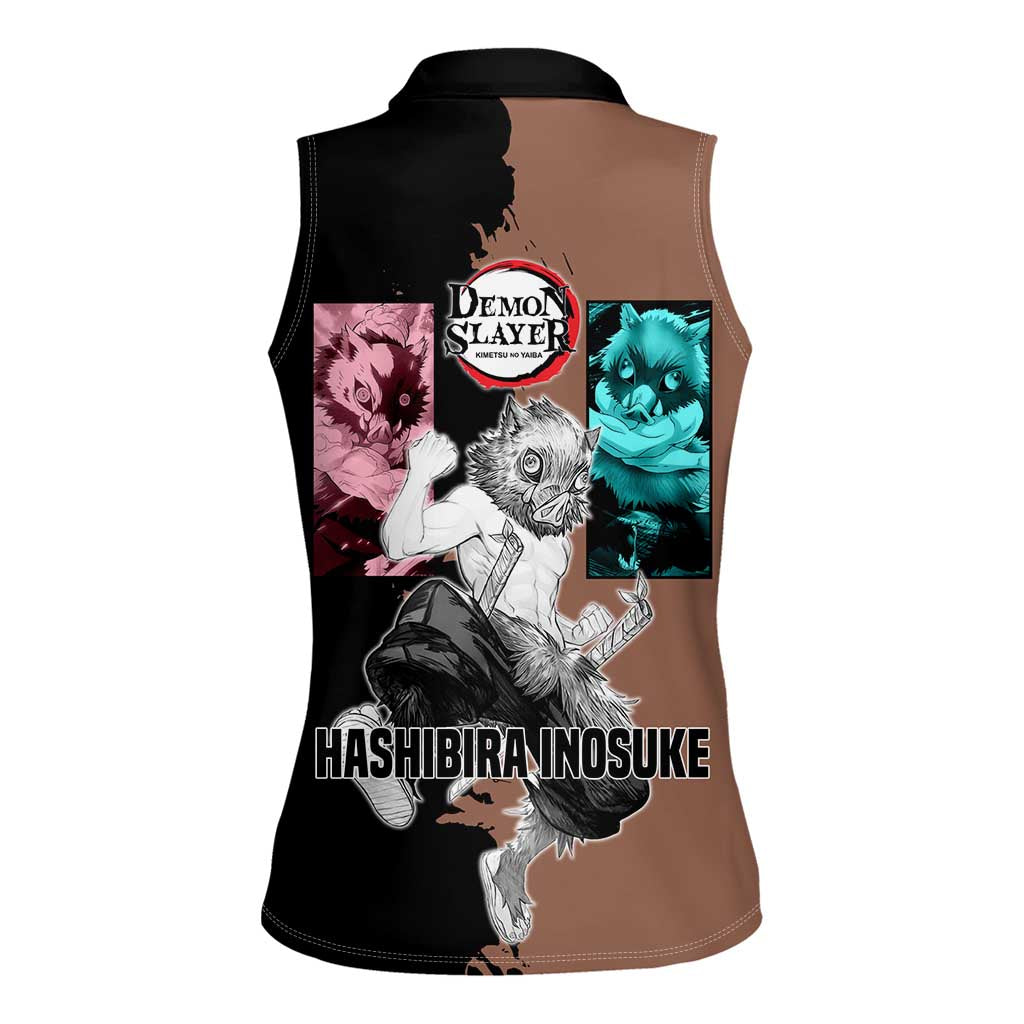 Inosuke Hashibira from Demon Slayer Women Sleeveless Polo Shirt with Boar Mask and Dual Swords Battle Pose - The Mazicc