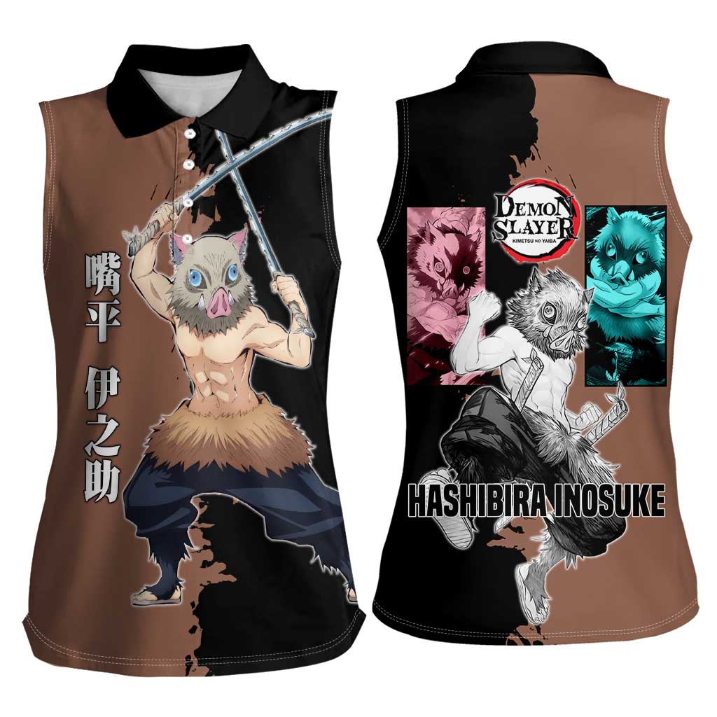 Inosuke Hashibira from Demon Slayer Women Sleeveless Polo Shirt with Boar Mask and Dual Swords Battle Pose - The Mazicc