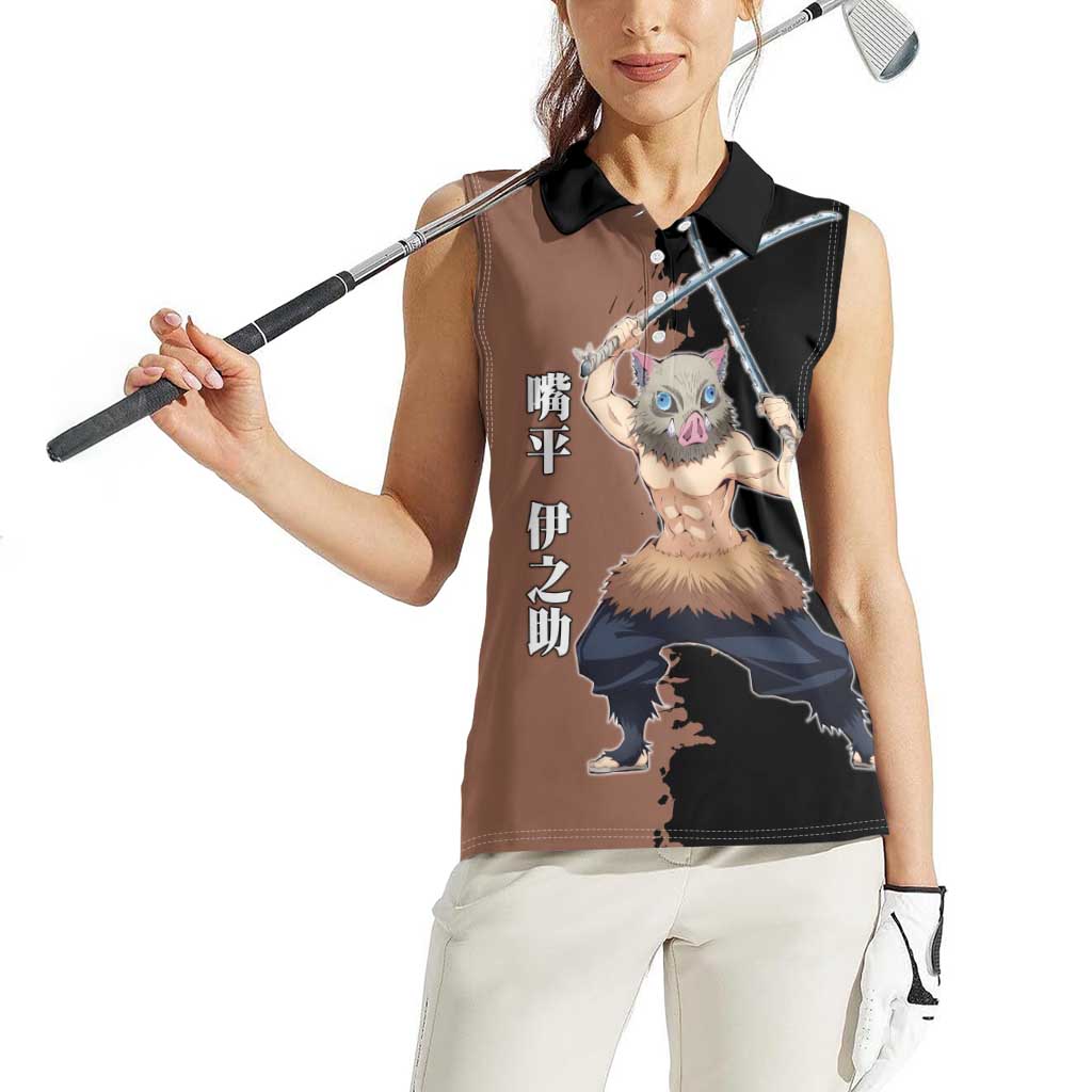 Inosuke Hashibira from Demon Slayer Women Sleeveless Polo Shirt with Boar Mask and Dual Swords Battle Pose - The Mazicc