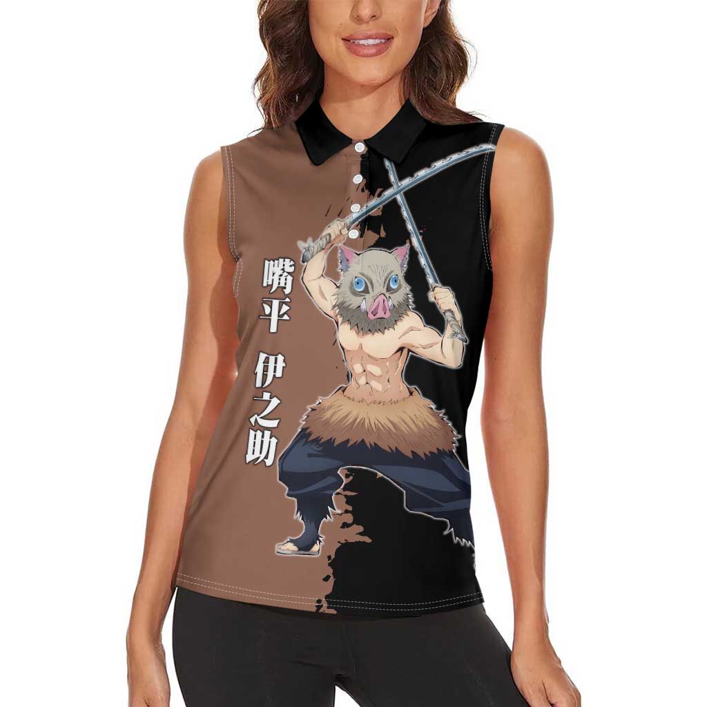 Inosuke Hashibira from Demon Slayer Women Sleeveless Polo Shirt with Boar Mask and Dual Swords Battle Pose - The Mazicc