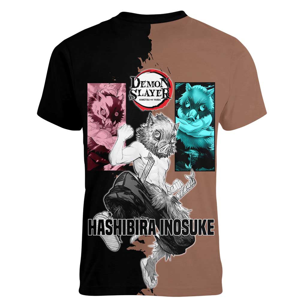 Inosuke Hashibira from Demon Slayer Women V-Neck T-Shirt with Boar Mask and Dual Swords Battle Pose - The Mazicc