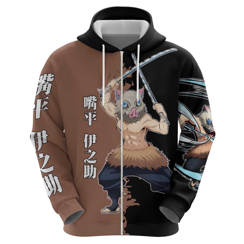 Inosuke Hashibira from Demon Slayer Zip Hoodie with Boar Mask and Dual Swords Battle Pose - The Mazicc