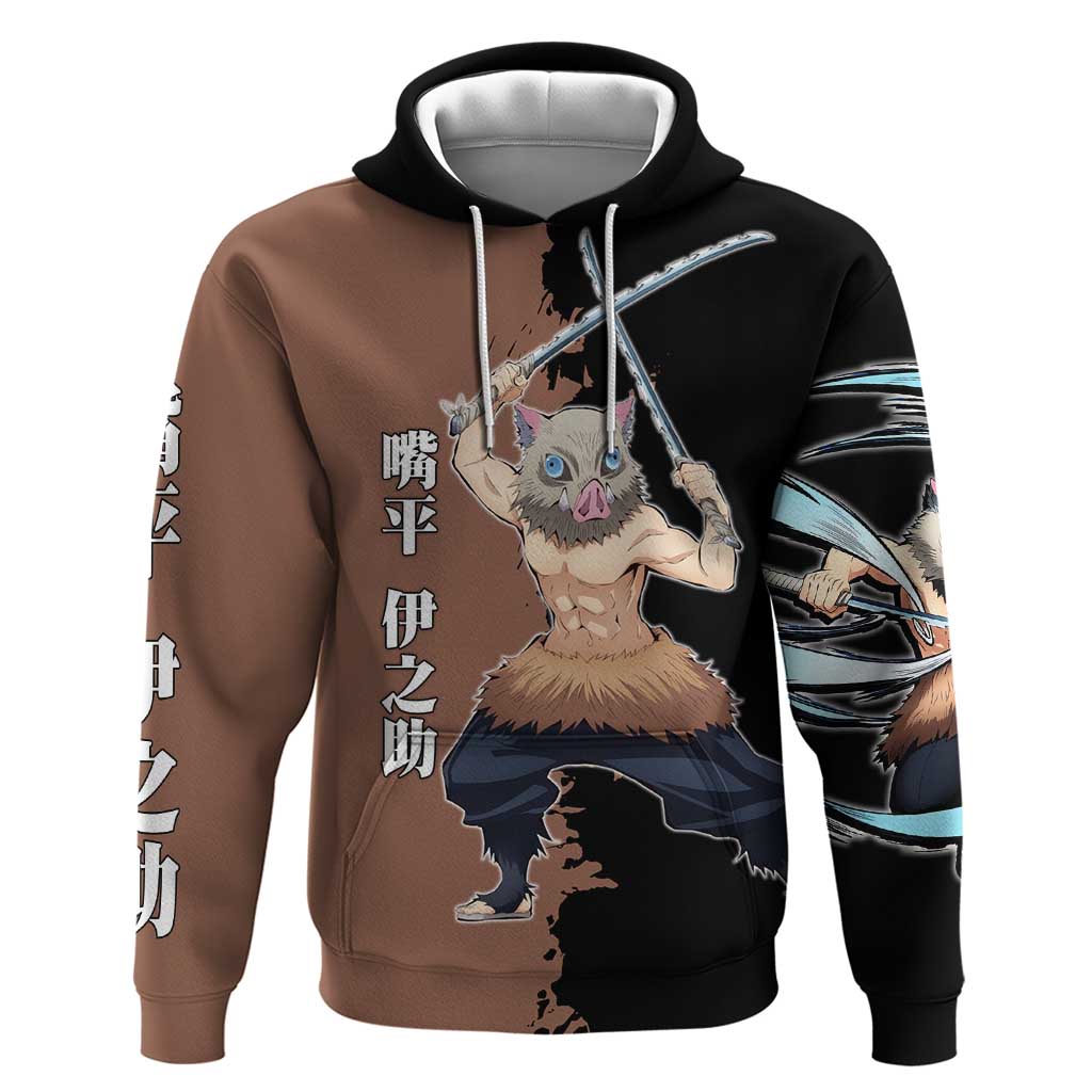 Inosuke Hashibira from Demon Slayer Zip Hoodie with Boar Mask and Dual Swords Battle Pose - The Mazicc