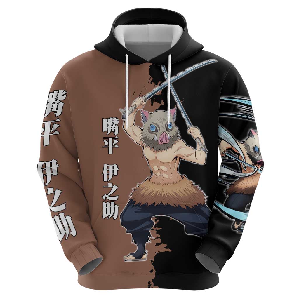 Inosuke Hashibira from Demon Slayer Zip Hoodie with Boar Mask and Dual Swords Battle Pose - The Mazicc