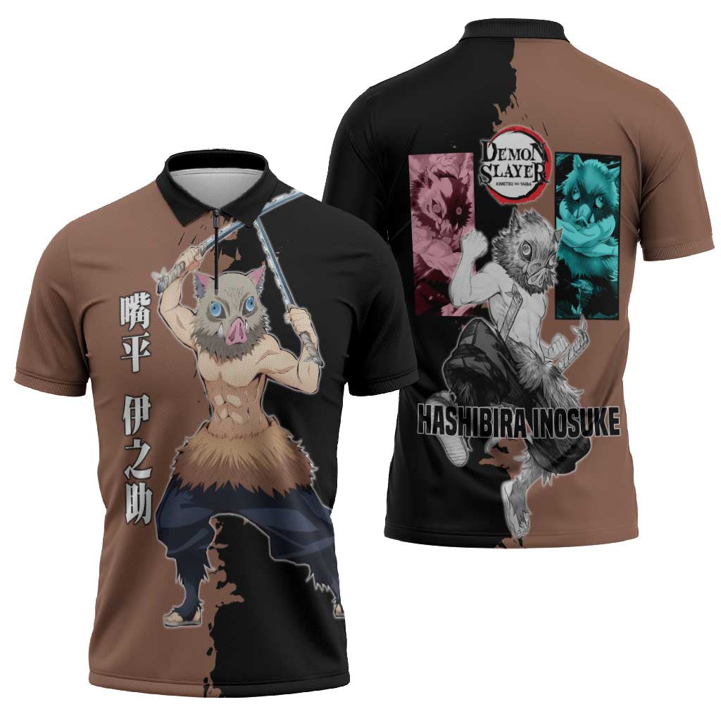 Inosuke Hashibira from Demon Slayer Zipper Polo Shirt with Boar Mask and Dual Swords Battle Pose - The Mazicc