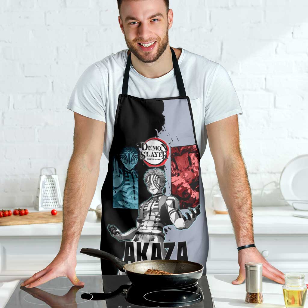 Akaza from Demon Slayer Apron with Split Color Background and Martial Arts Pose Manga Style Design - The Mazicc