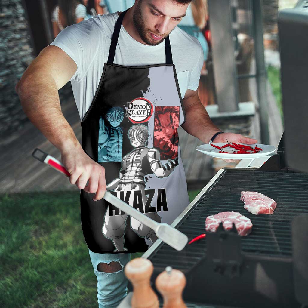 Akaza from Demon Slayer Apron with Split Color Background and Martial Arts Pose Manga Style Design - The Mazicc