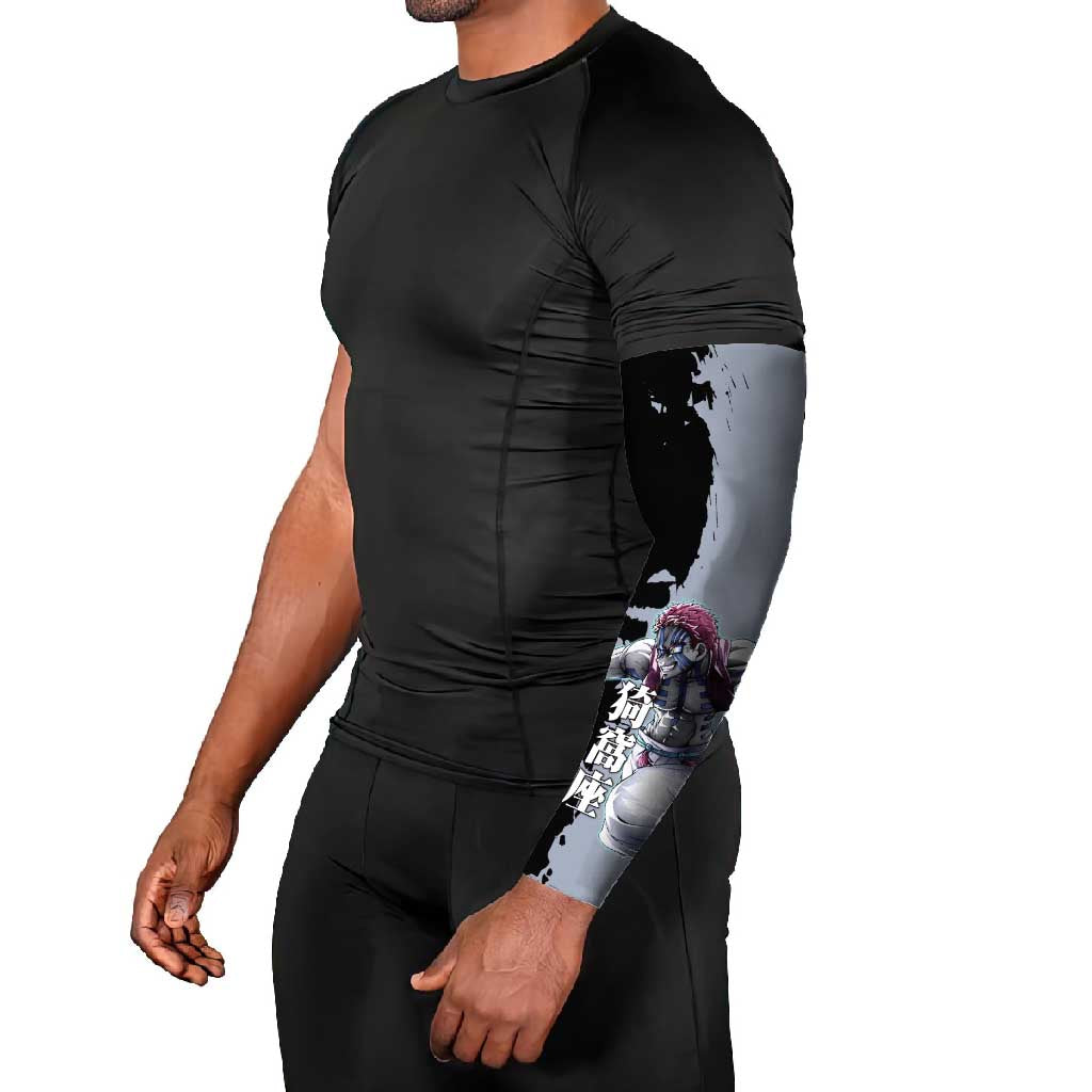Akaza from Demon Slayer Arm Sleeves with Split Color Background and Martial Arts Pose Manga Style Design - The Mazicc