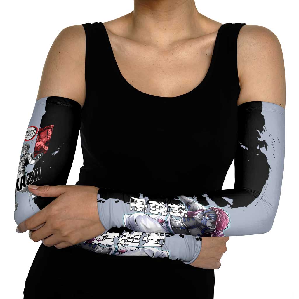 Akaza from Demon Slayer Arm Sleeves with Split Color Background and Martial Arts Pose Manga Style Design - The Mazicc