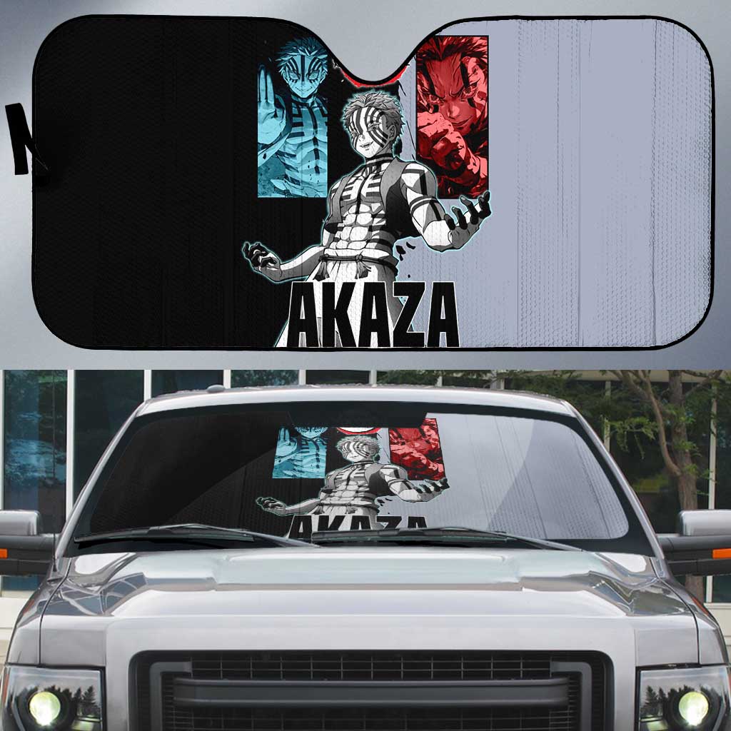 Akaza from Demon Slayer Auto Sun Shade with Split Color Background and Martial Arts Pose Manga Style Design - The Mazicc
