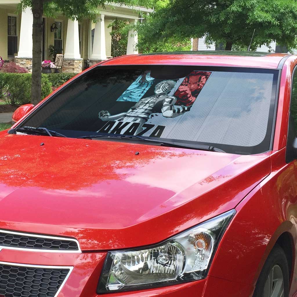 Akaza from Demon Slayer Auto Sun Shade with Split Color Background and Martial Arts Pose Manga Style Design - The Mazicc