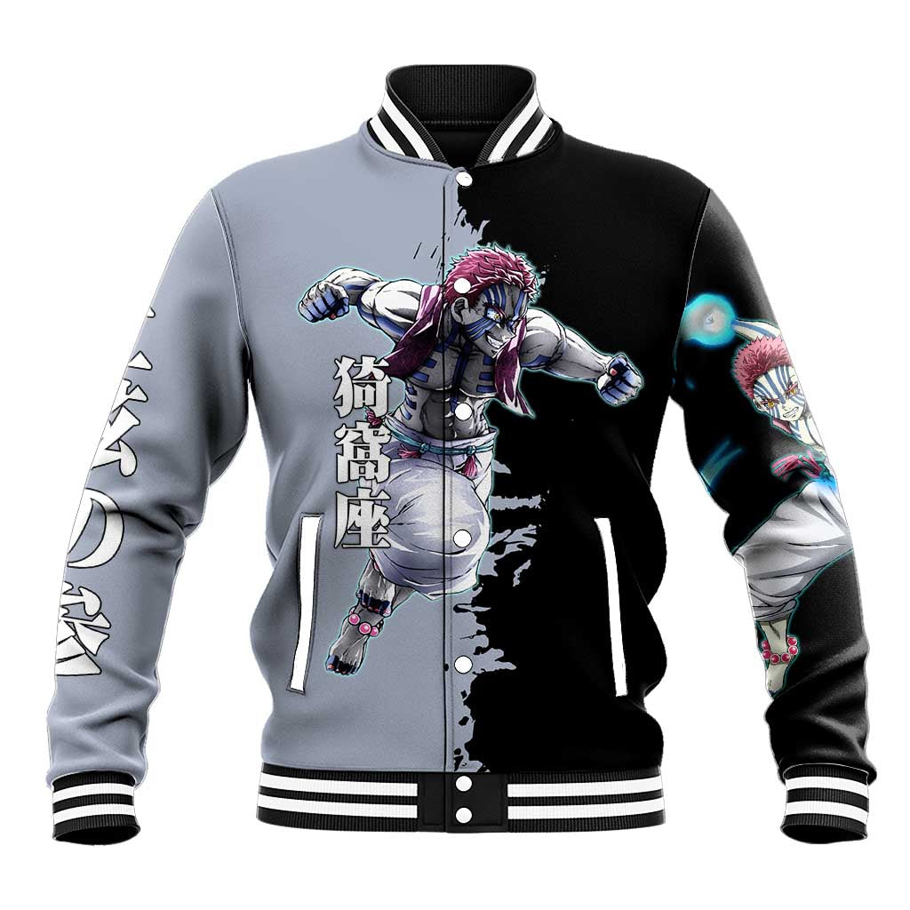 Akaza from Demon Slayer Baseball Jacket with Split Color Background and Martial Arts Pose Manga Style Design - The Mazicc