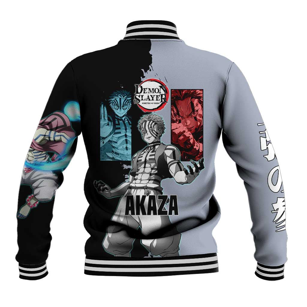 Akaza from Demon Slayer Baseball Jacket with Split Color Background and Martial Arts Pose Manga Style Design - The Mazicc