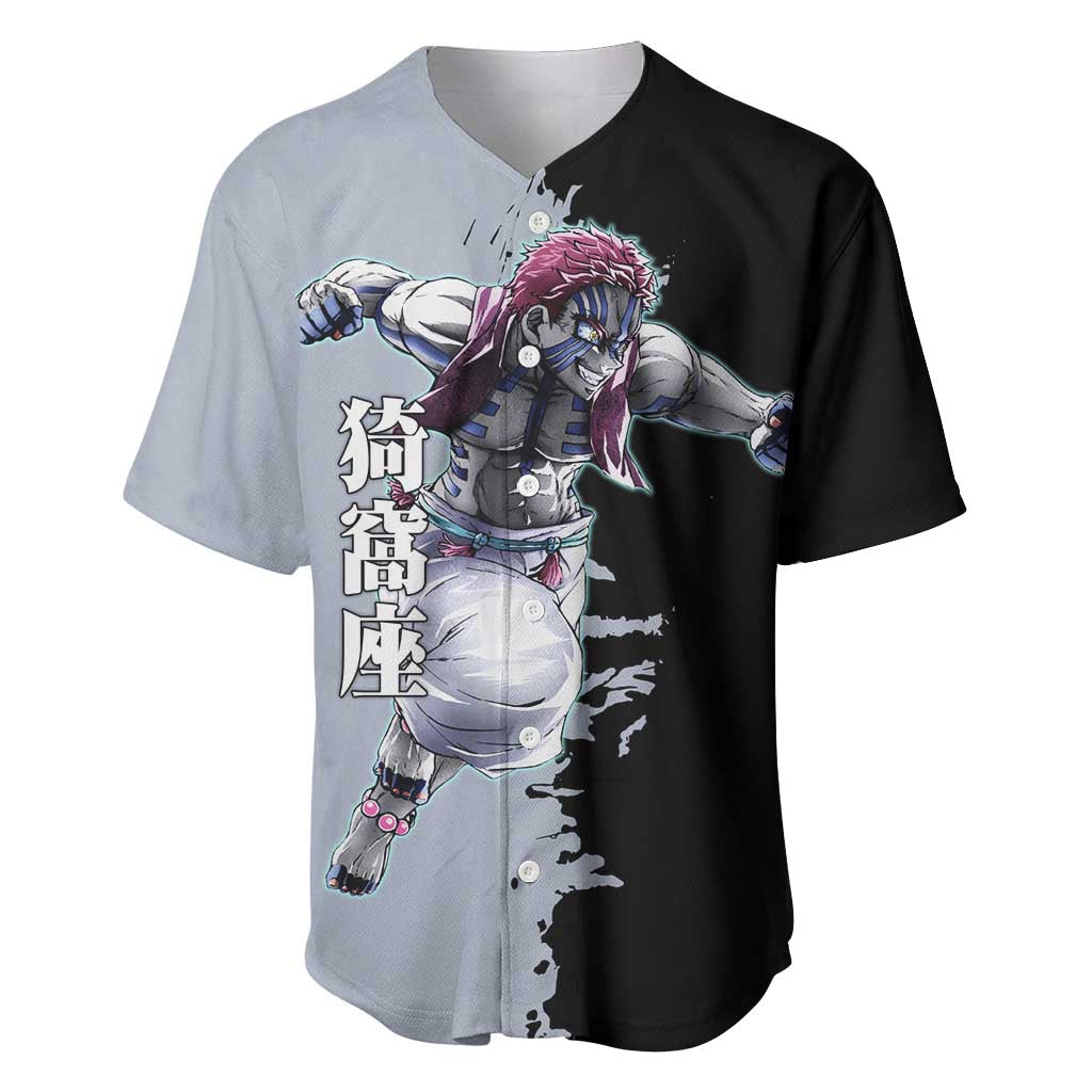 Akaza from Demon Slayer Baseball Jersey with Split Color Background and Martial Arts Pose Manga Style Design - The Mazicc