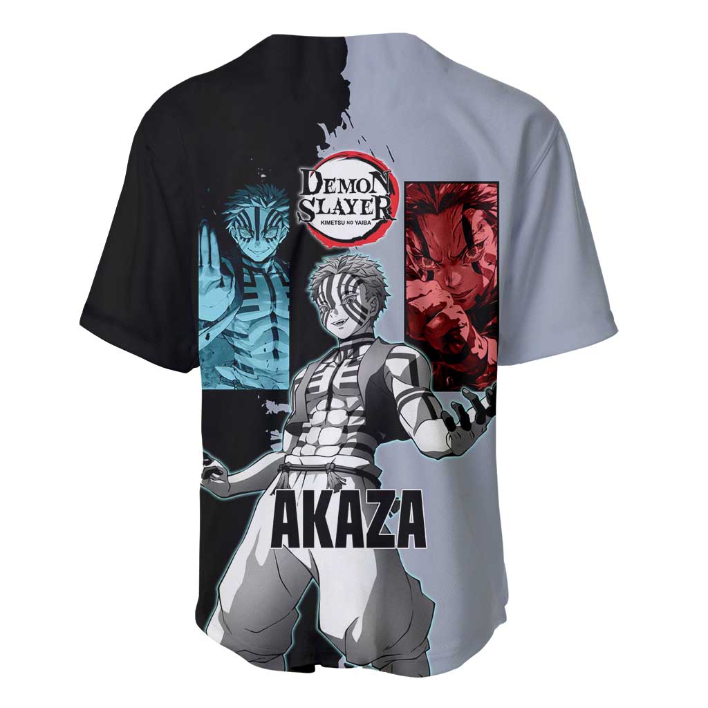 Akaza from Demon Slayer Baseball Jersey with Split Color Background and Martial Arts Pose Manga Style Design - The Mazicc