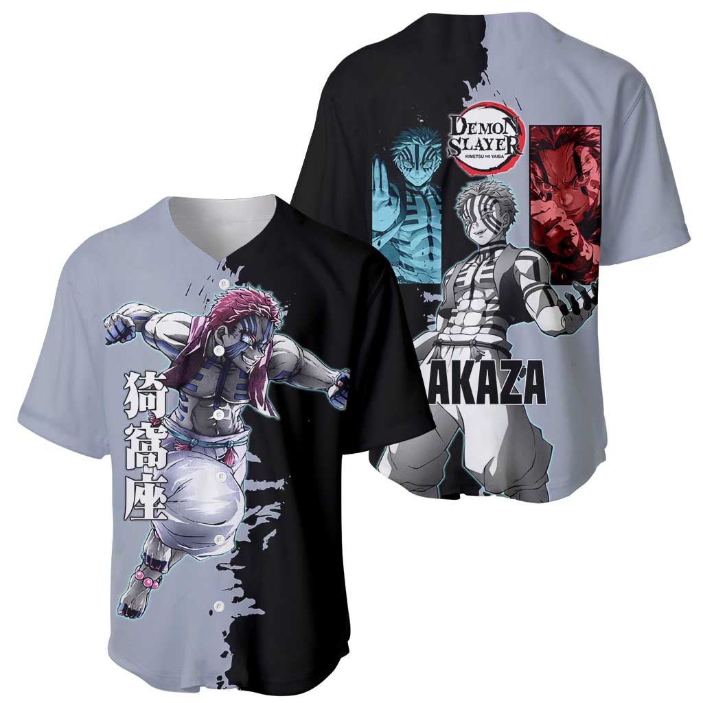 Akaza from Demon Slayer Baseball Jersey with Split Color Background and Martial Arts Pose Manga Style Design - The Mazicc