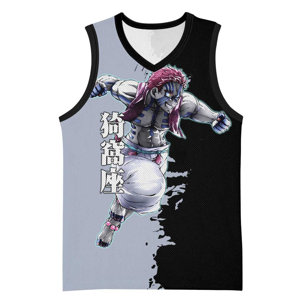 Akaza from Demon Slayer Basketball Jersey with Split Color Background and Martial Arts Pose Manga Style Design - The Mazicc