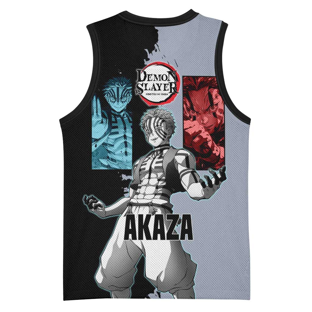 Akaza from Demon Slayer Basketball Jersey with Split Color Background and Martial Arts Pose Manga Style Design - The Mazicc