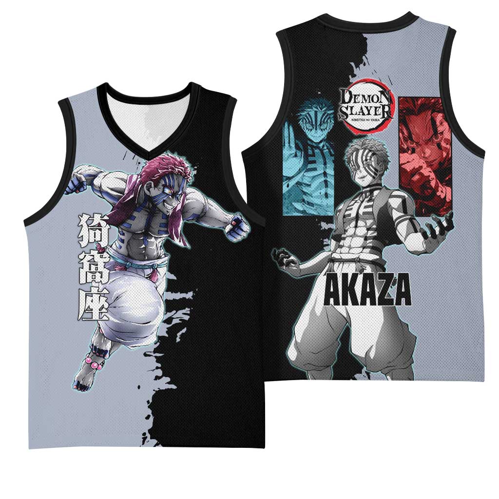 Akaza from Demon Slayer Basketball Jersey with Split Color Background and Martial Arts Pose Manga Style Design - The Mazicc