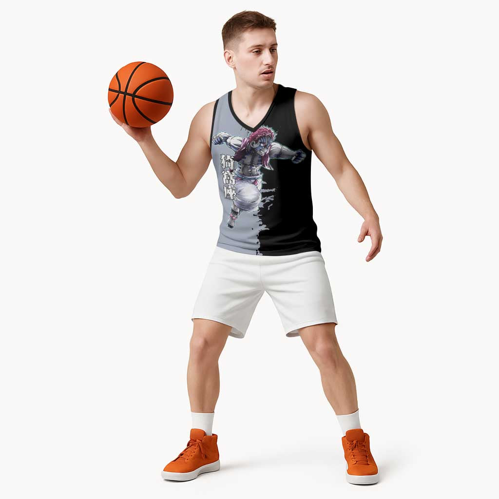 Akaza from Demon Slayer Basketball Jersey with Split Color Background and Martial Arts Pose Manga Style Design - The Mazicc