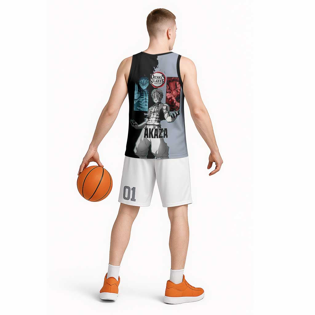 Akaza from Demon Slayer Basketball Jersey with Split Color Background and Martial Arts Pose Manga Style Design - The Mazicc