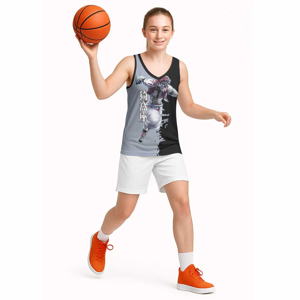 Akaza from Demon Slayer Basketball Jersey with Split Color Background and Martial Arts Pose Manga Style Design - The Mazicc