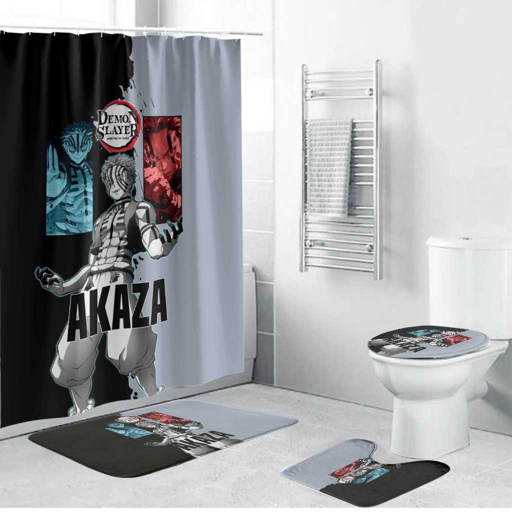 Akaza from Demon Slayer Bathroom Set with Split Color Background and Martial Arts Pose Manga Style Design - The Mazicc