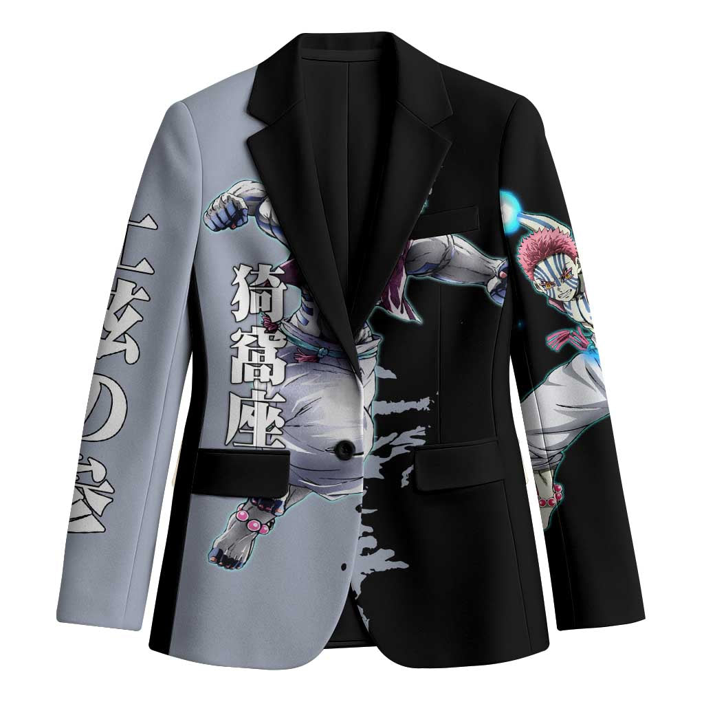 Akaza from Demon Slayer Blazer with Split Color Background and Martial Arts Pose Manga Style Design - The Mazicc
