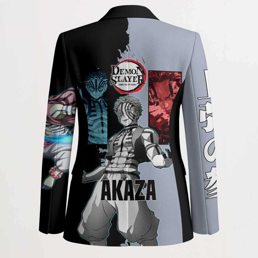 Akaza from Demon Slayer Blazer with Split Color Background and Martial Arts Pose Manga Style Design - The Mazicc
