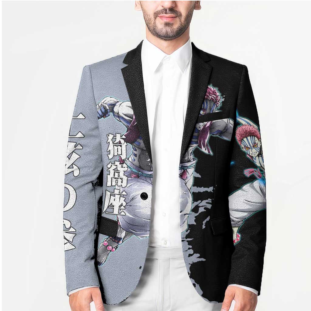 Akaza from Demon Slayer Blazer with Split Color Background and Martial Arts Pose Manga Style Design - The Mazicc