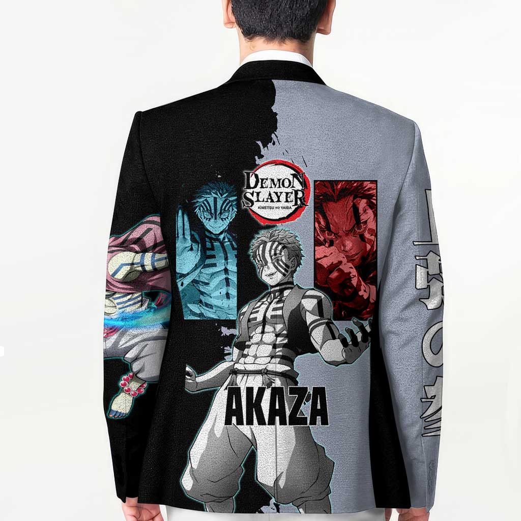 Akaza from Demon Slayer Blazer with Split Color Background and Martial Arts Pose Manga Style Design - The Mazicc