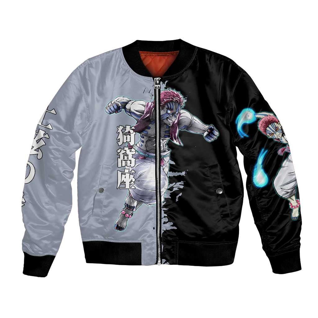 Akaza from Demon Slayer Bomber Jacket with Split Color Background and Martial Arts Pose Manga Style Design - The Mazicc