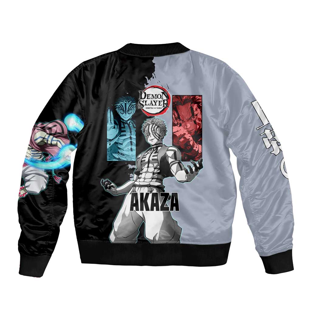 Akaza from Demon Slayer Bomber Jacket with Split Color Background and Martial Arts Pose Manga Style Design - The Mazicc