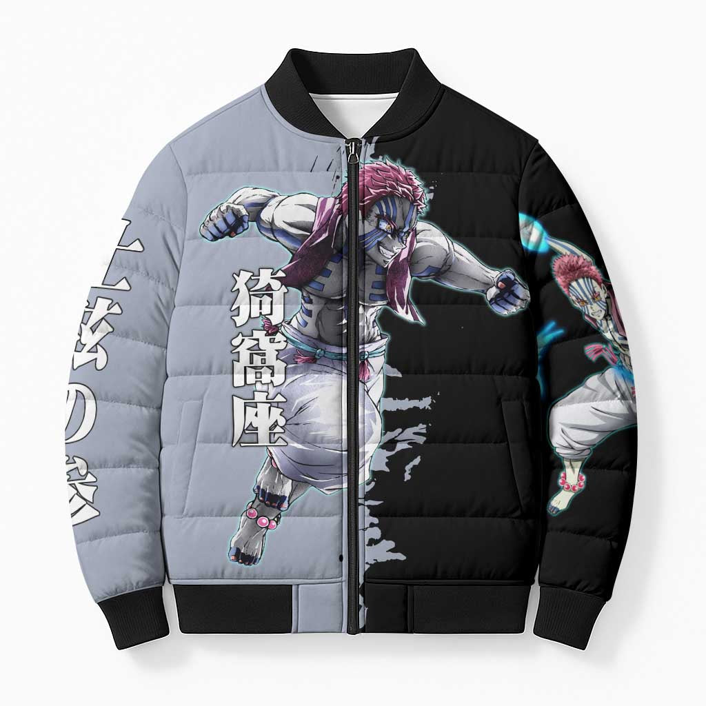 Akaza from Demon Slayer Bomber Puffer Jacket with Split Color Background and Martial Arts Pose Manga Style Design - The Mazicc