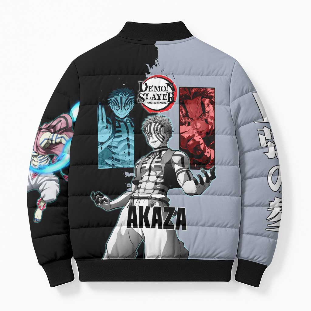 Akaza from Demon Slayer Bomber Puffer Jacket with Split Color Background and Martial Arts Pose Manga Style Design - The Mazicc