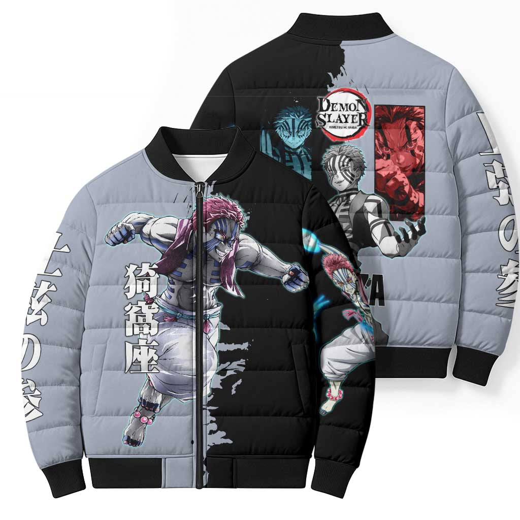 Akaza from Demon Slayer Bomber Puffer Jacket with Split Color Background and Martial Arts Pose Manga Style Design - The Mazicc