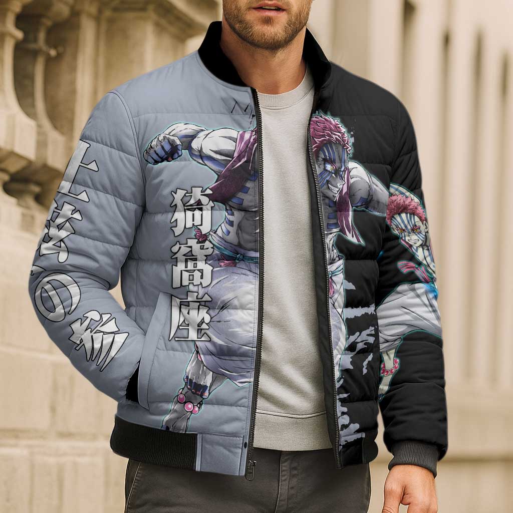 Akaza from Demon Slayer Bomber Puffer Jacket with Split Color Background and Martial Arts Pose Manga Style Design - The Mazicc