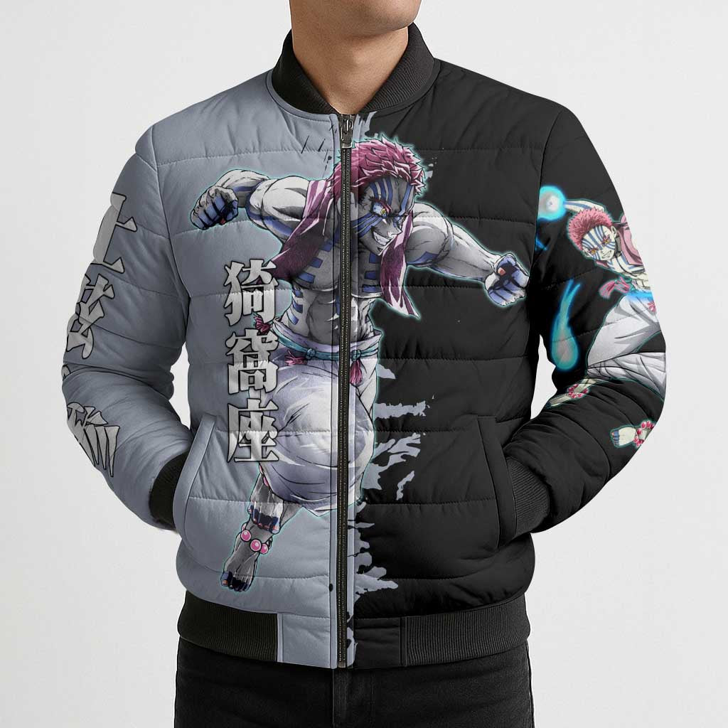 Akaza from Demon Slayer Bomber Puffer Jacket with Split Color Background and Martial Arts Pose Manga Style Design - The Mazicc