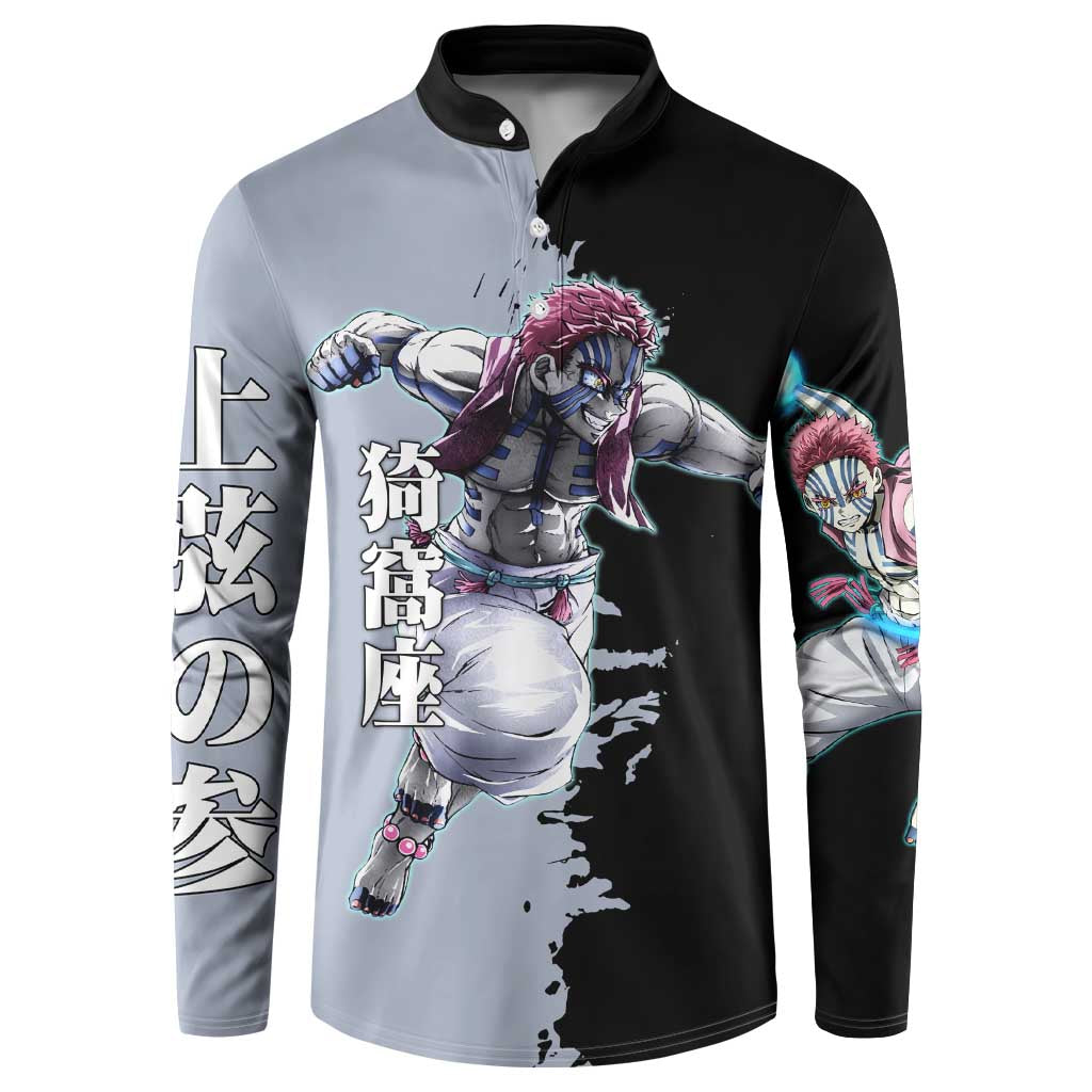 Akaza from Demon Slayer Button Sweatshirt with Split Color Background and Martial Arts Pose Manga Style Design - The Mazicc