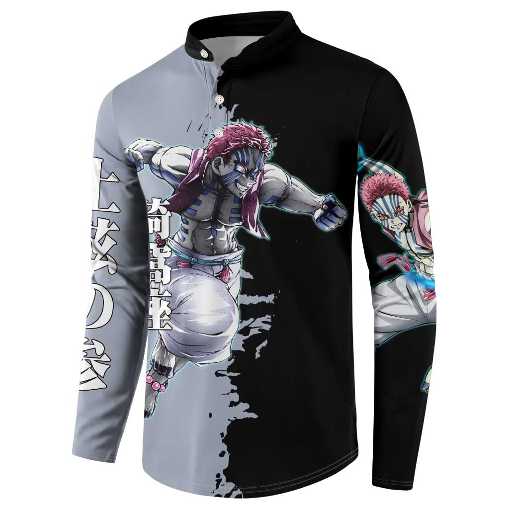 Akaza from Demon Slayer Button Sweatshirt with Split Color Background and Martial Arts Pose Manga Style Design - The Mazicc