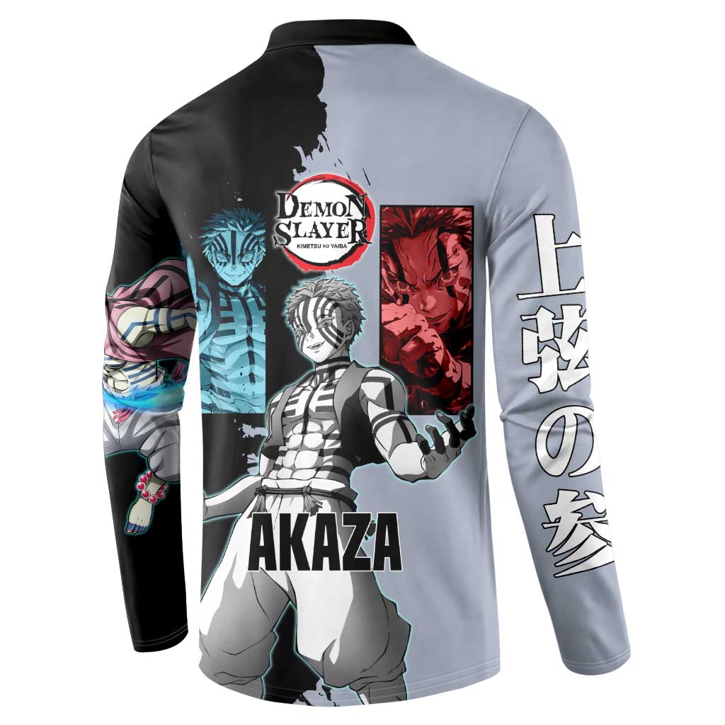 Akaza from Demon Slayer Button Sweatshirt with Split Color Background and Martial Arts Pose Manga Style Design - The Mazicc