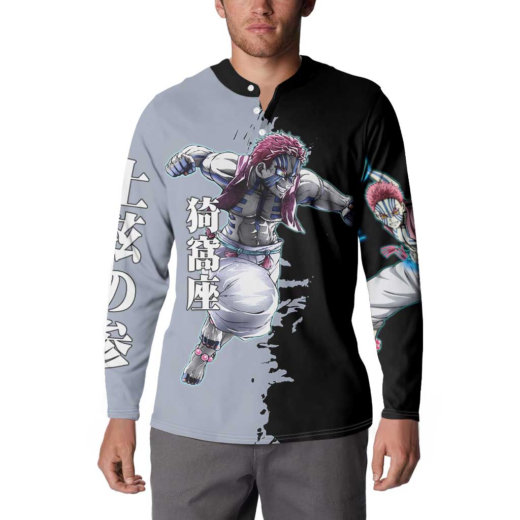 Akaza from Demon Slayer Button Sweatshirt with Split Color Background and Martial Arts Pose Manga Style Design - The Mazicc