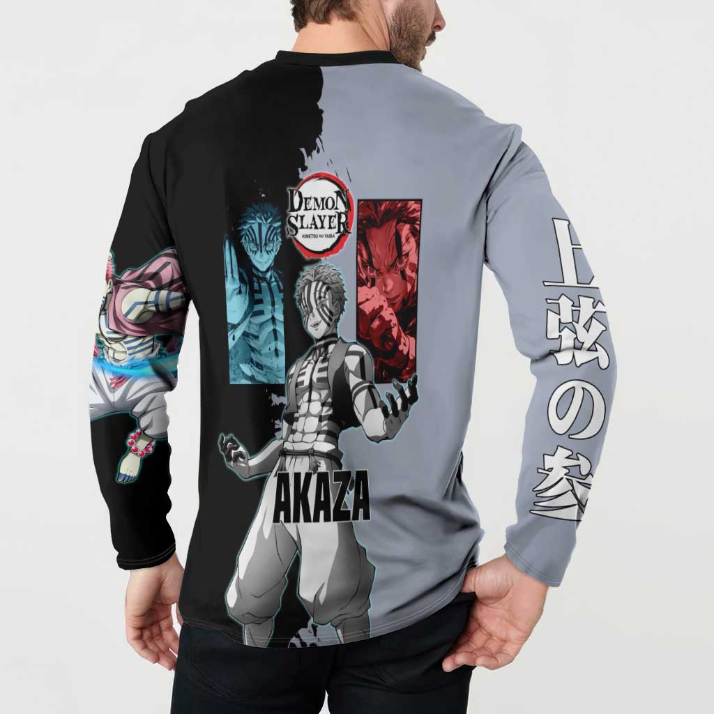 Akaza from Demon Slayer Button Sweatshirt with Split Color Background and Martial Arts Pose Manga Style Design - The Mazicc