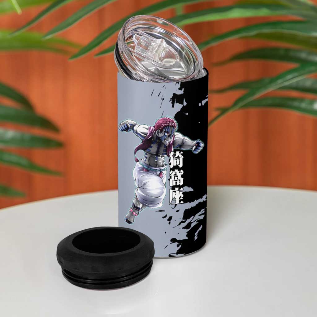 Akaza from Demon Slayer 4 in 1 Can Cooler Tumbler with Split Color Background and Martial Arts Pose Manga Style Design - The Mazicc