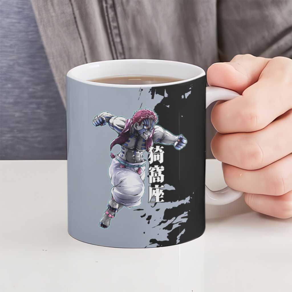 Akaza from Demon Slayer Ceramic Mug with Split Color Background and Martial Arts Pose Manga Style Design - The Mazicc