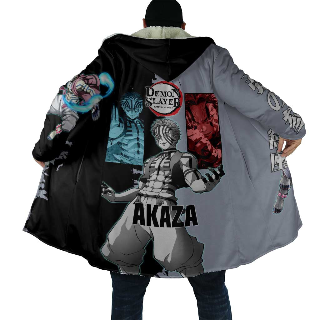 Akaza from Demon Slayer Cloak with Split Color Background and Martial Arts Pose Manga Style Design - The Mazicc